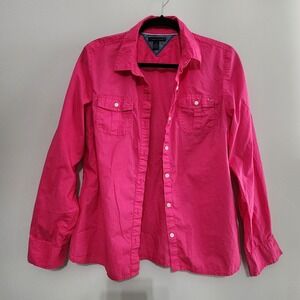 TOMMY HILFIGER Shirt Womens Large Pink Long‎ Sleeve Cotton Button Up Cruise Trip
